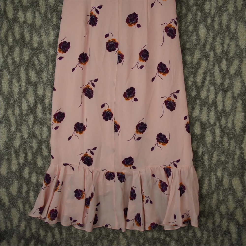 Cinq a Sept Midi Dress Blush Pink Floral Print Ruffle Trim Sz 4 Silk Bow Tie - Picture 4 of 15